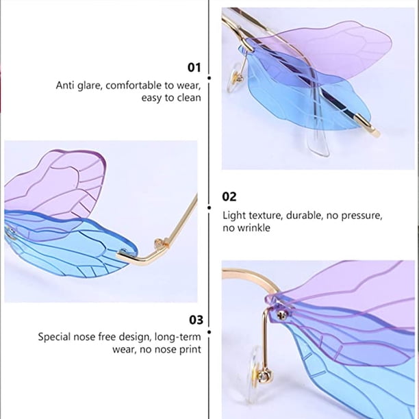 ?Women Blue Dragonfly Wing Shape Frameless Irregular Shades Party Sun Glasses 1PC Rimless Dragonfly Wing Sunglasses Vintage Clear Gradient  main image 4