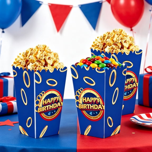 Happy Birthday Popcorn Buckets - Blue Gold Red Party Decor Snacks Containers 12 Pack