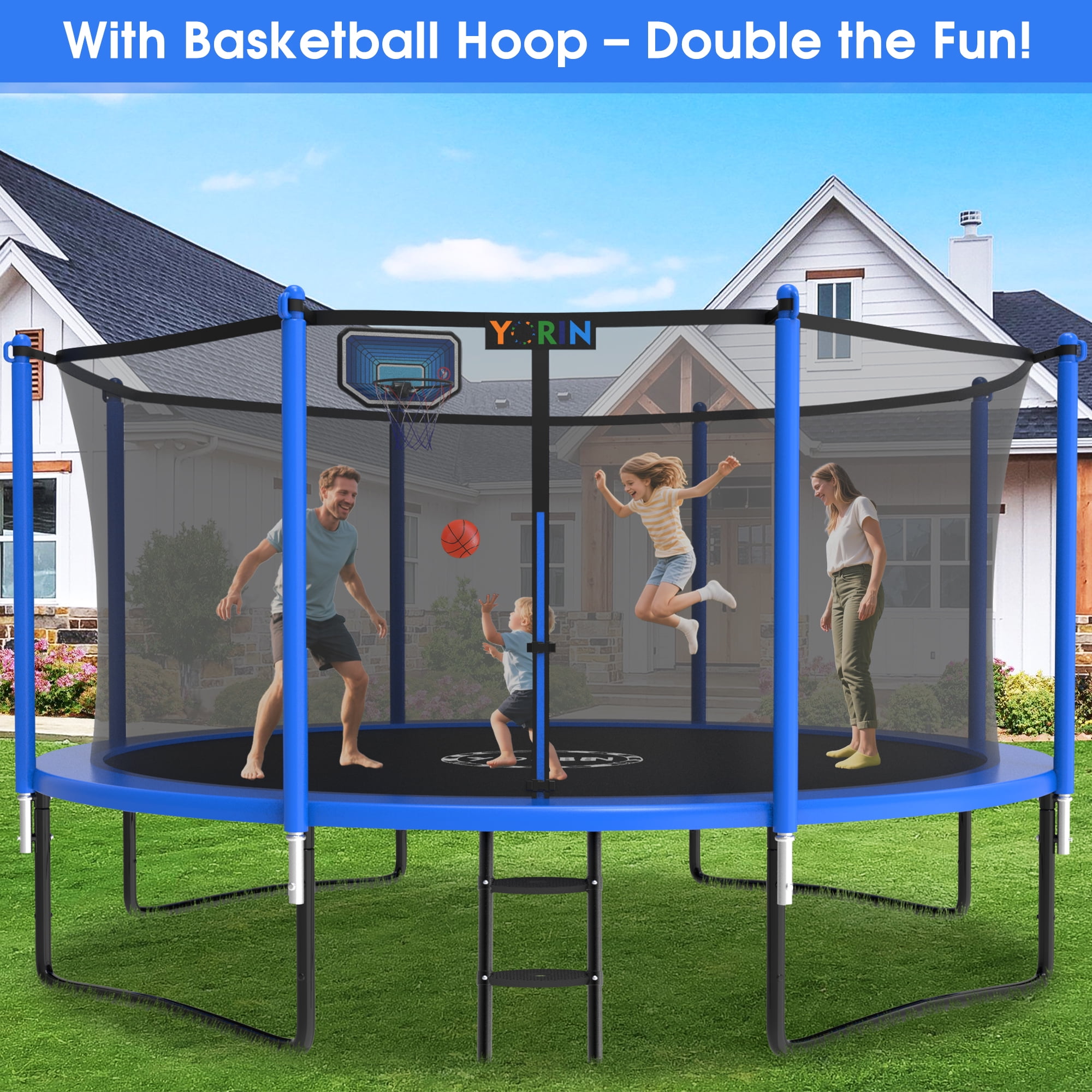 YORIN Trampoline, 10FT Trampoline for 3-4 Kids Adults with Enclosure Net, 1000LBS Outdoor Trampoline with Basketball Hoop, Ladder, Galvanized Anti-Rust Coating Heavy Duty Round Trampoline