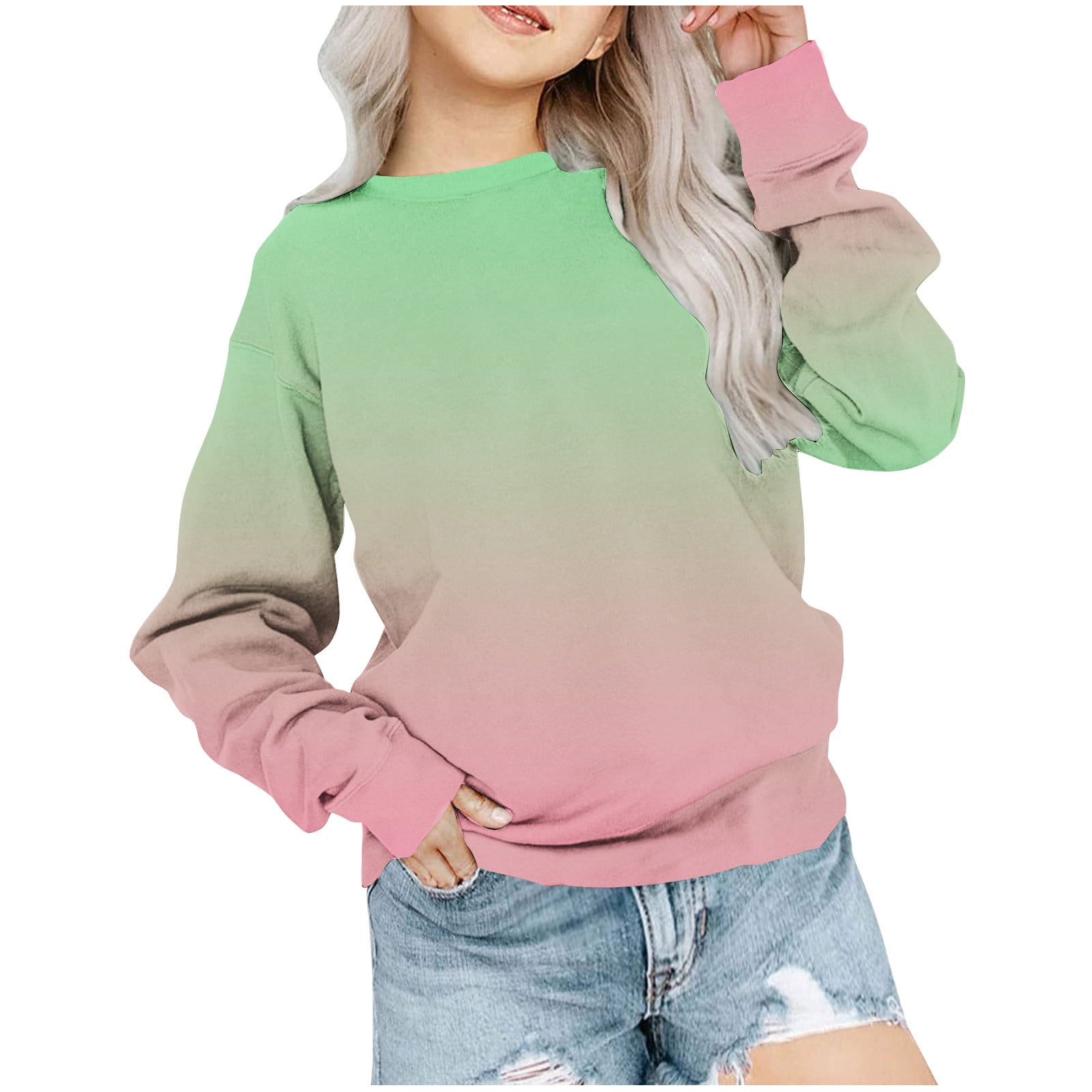LSLJS Girls Crewneck Sweatshirts Casual Oversized Long Sleeve Pullover Tops Cute Sweater on Clearance