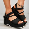 thumbnail image 2 of Rokment Womens Bow Platform Wedge Dressy Sandals Fashion Casual Leather Open Toe Ankle Strap Chunky Heeled Dress Summer Shoes for Bride Wedding Business Black Size 6, 2 of 7