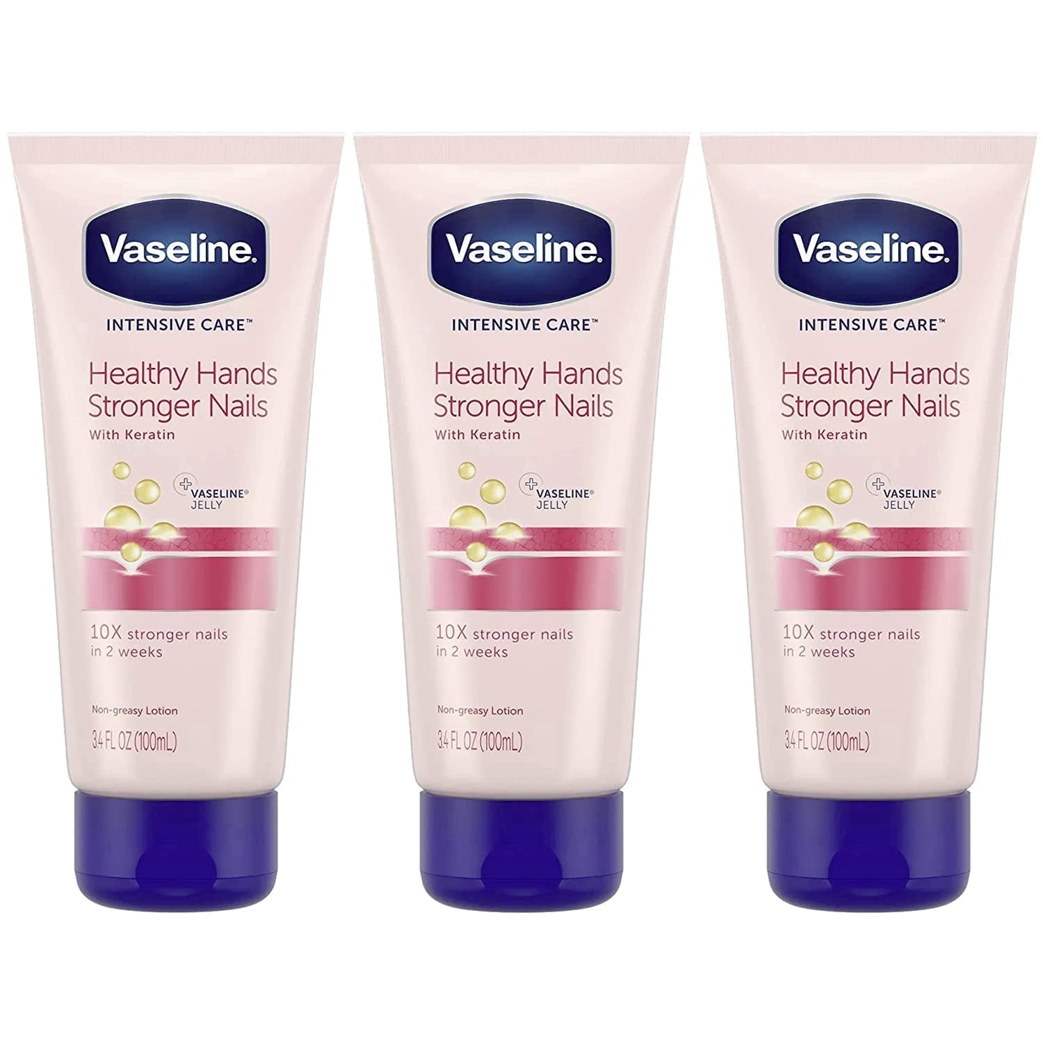 Vaseline Healthy Hands Stronger Nails Lotion 3-Pack, 3.4 Oz Ea Intensive Care Hand Lotion with Petroleum Jelly and Keratin for Nourishing Hands, Cuticles & Nails | Travel-Friendly Size