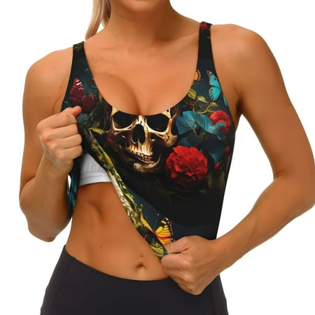 Qokaie Butterfly Flower Plant Skull Pattern Womens Scoop Neck Sports Bra Breathable Workout Vest Padded U Back Medium Impact Fitness Gym Yoga Bra Workout Crop Top