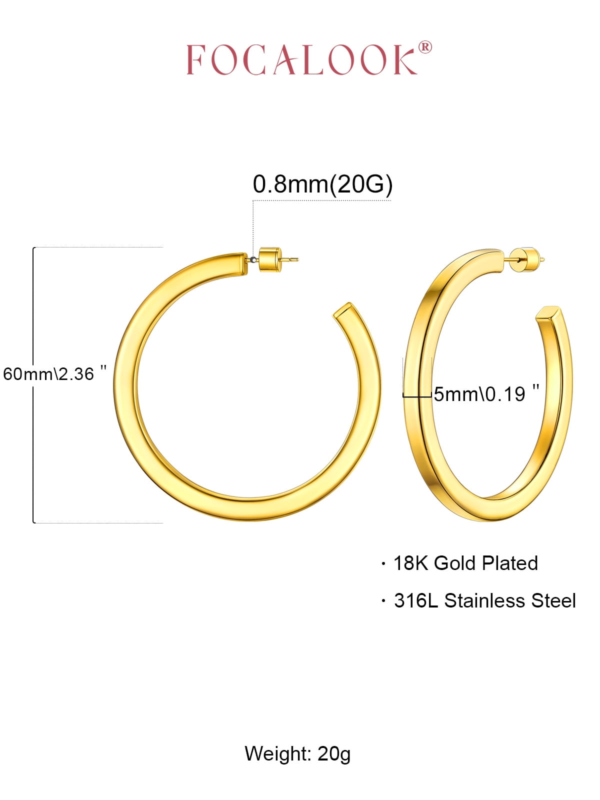 FOCALOOK Black Hoop Earrings for Women Hypoallergenic Lightweight Large Chunky Thick Trendy Cube Tube Open Hoop Earrings 60mm