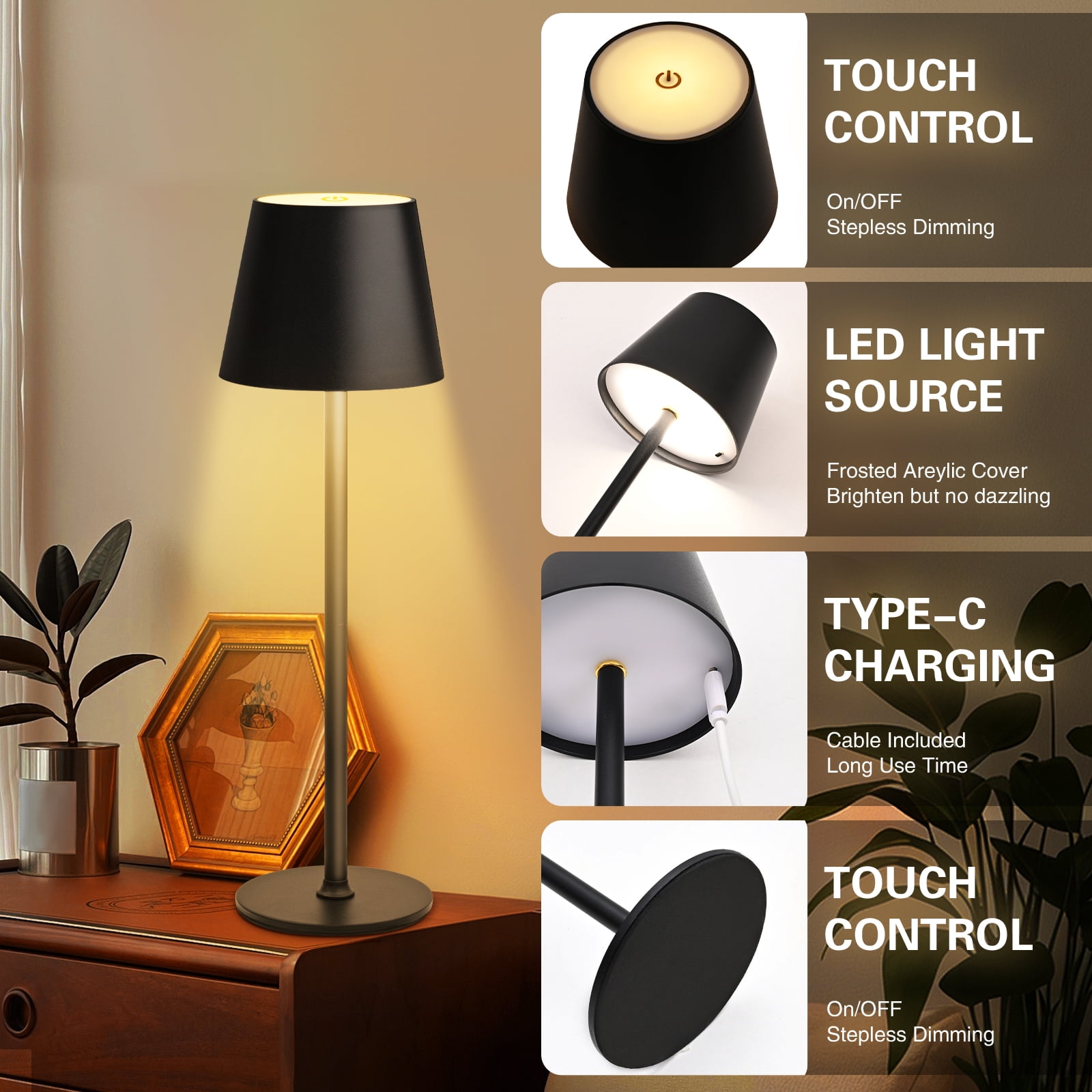 Ikfashoni Cordless Rechargeable 15"Table Lamps, 3 Levels Brightness Desk Lamp for Bedroom Office, Black