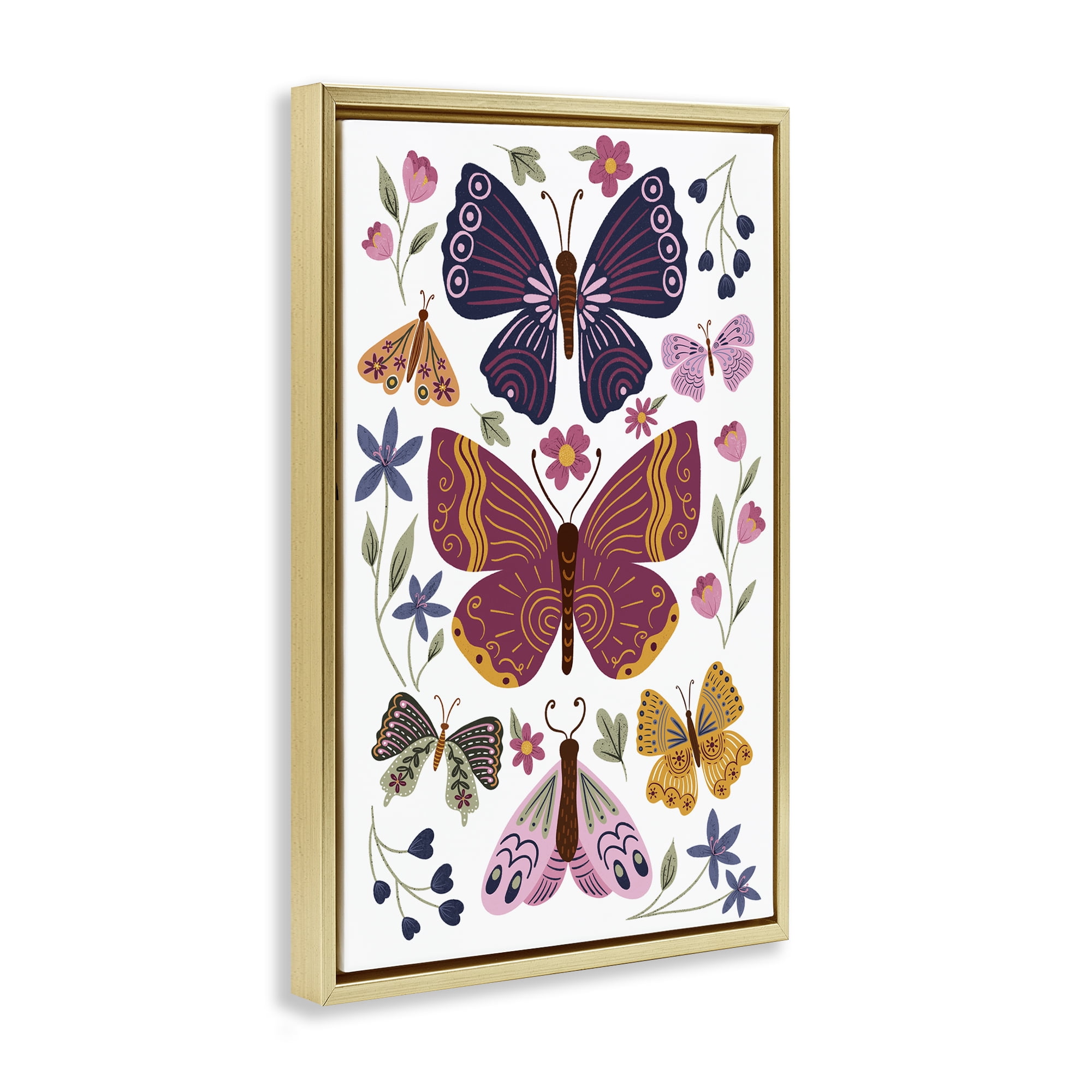 Stupell Industries Symmetrical Butterflies & Flowers Animals Painting Gold Floater Framed Canvas Art Print Wall Art, 17 x 25
