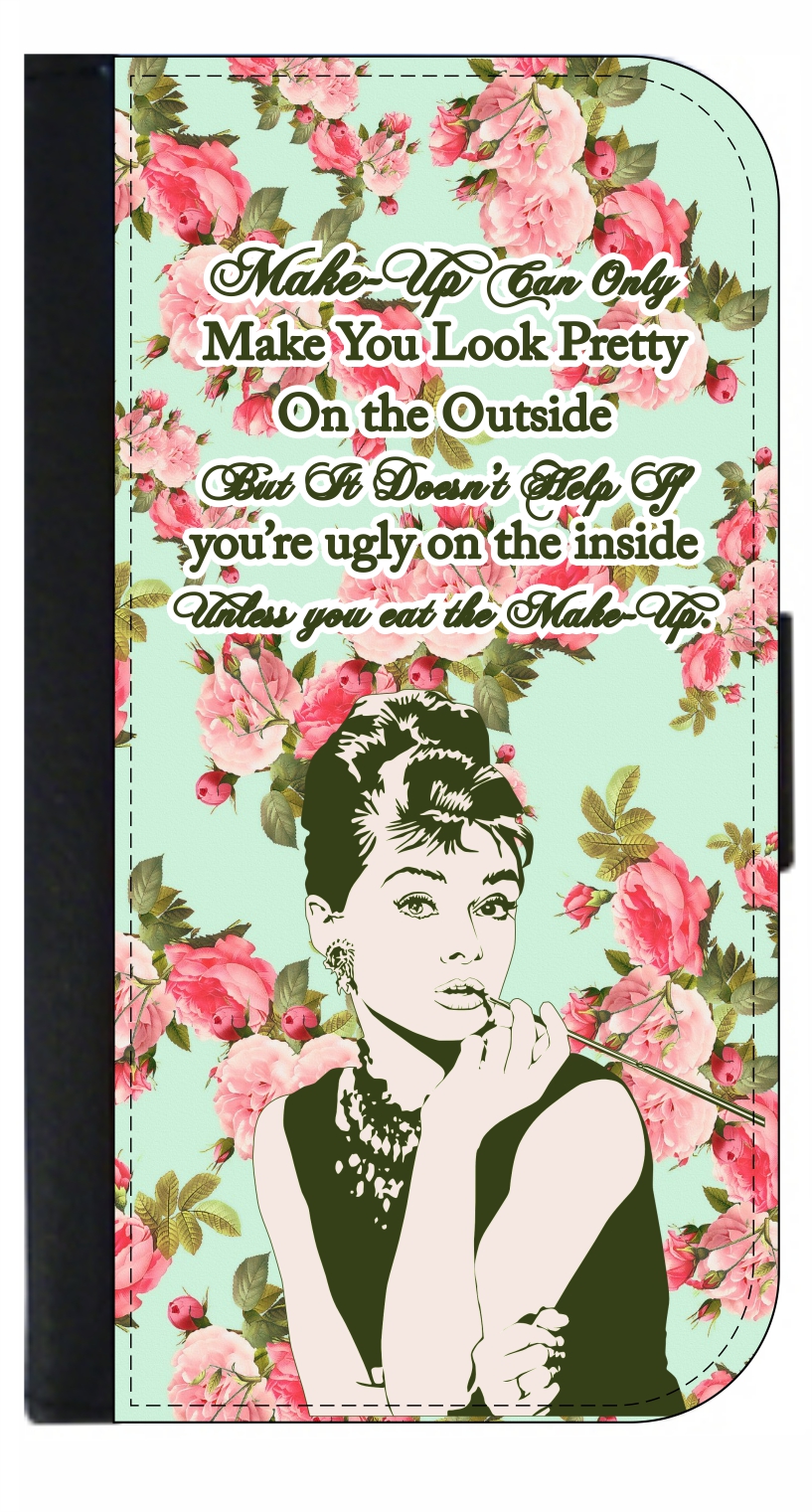 Audrey Hepburn Makeup Quote on Vintage Style Floral Pattern - Galaxy s10 Case Black - Galaxy s10 Case Leather Impression - s10 Wallet Case - s10 Case Card Holder - image 1 of 3