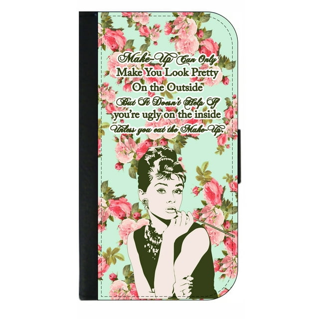 Audrey Hepburn Makeup Quote on Vintage Style Floral Pattern - Galaxy s10 Case Black - Galaxy s10 Case Leather Impression - s10 Wallet Case - s10 Case Card Holder