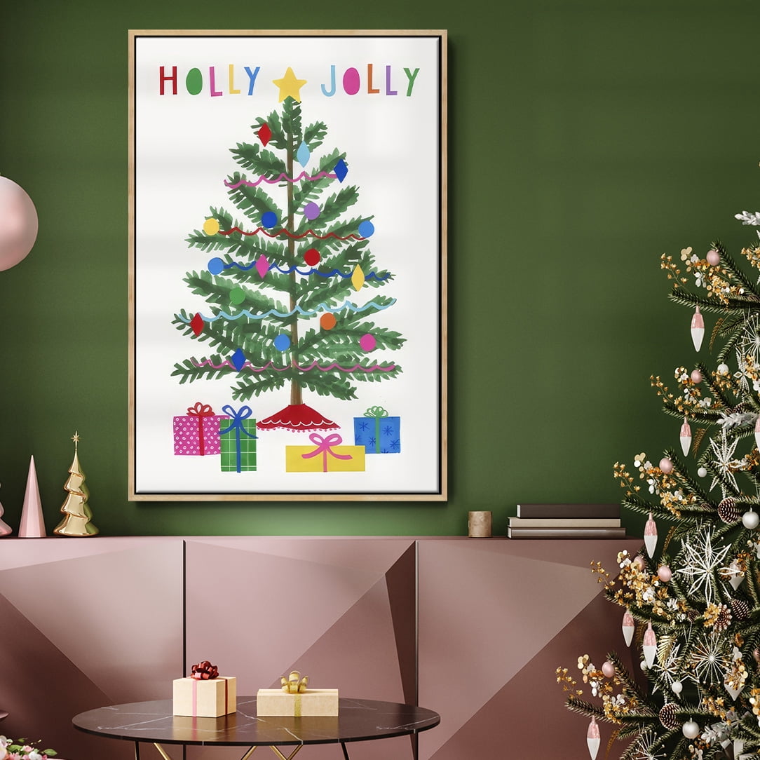 Colorful Christmas Collection B - Framed Gallery Wrapped Holiday Canvas - 17 x 25 - Natural Wood Frame