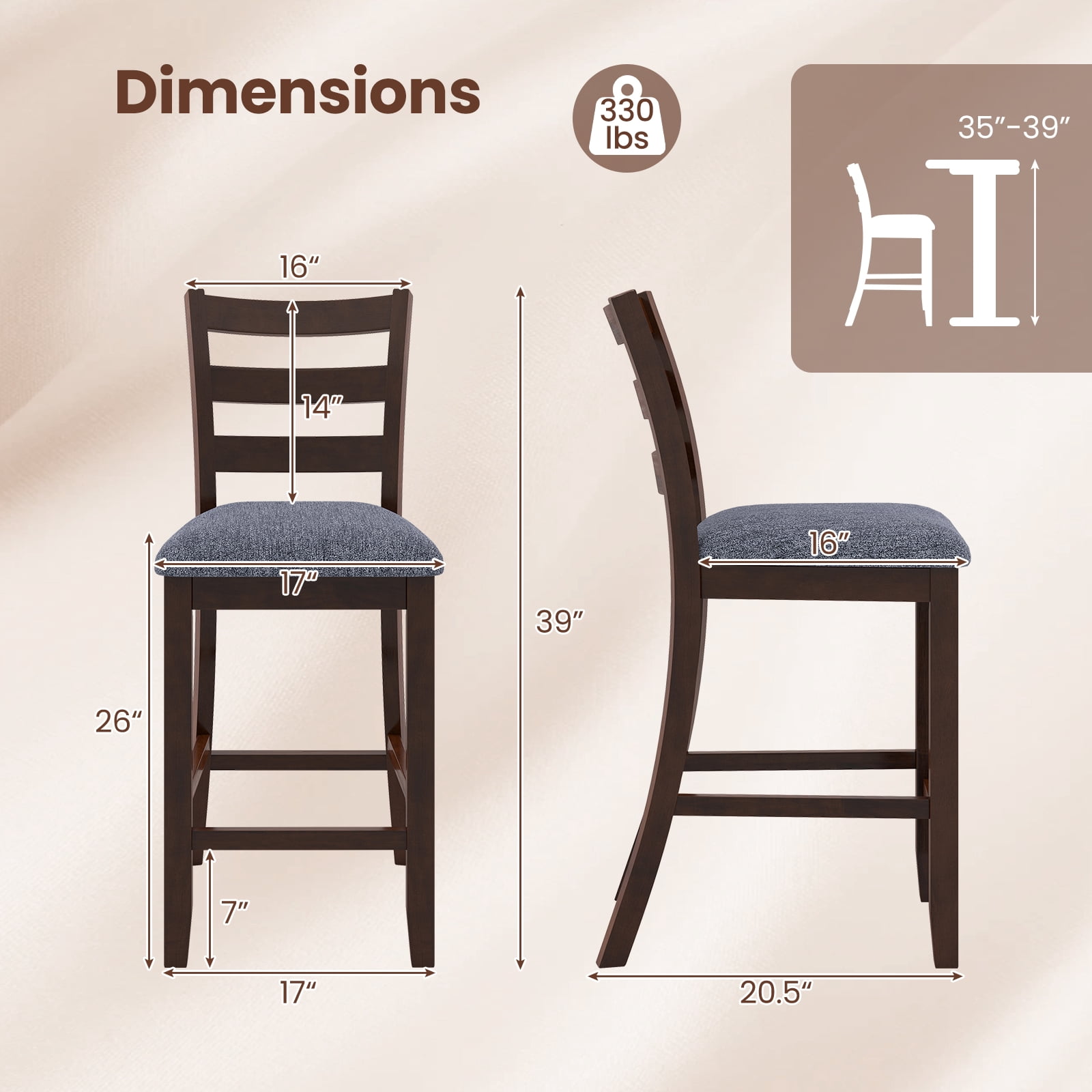 Gymax Bar Stools Set of 4 Upholstered Counter Height Barstools w/ Padded Seat Footrest & Backrest Farmhouse