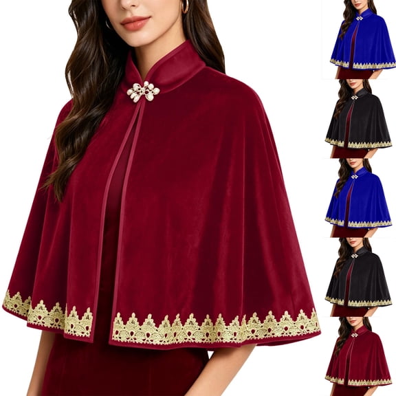 Jsaierl Women's Elegant Velvet Capelet Gold Lace Trim Brooch Detail High Neck Party Christmas Holiday Cloak