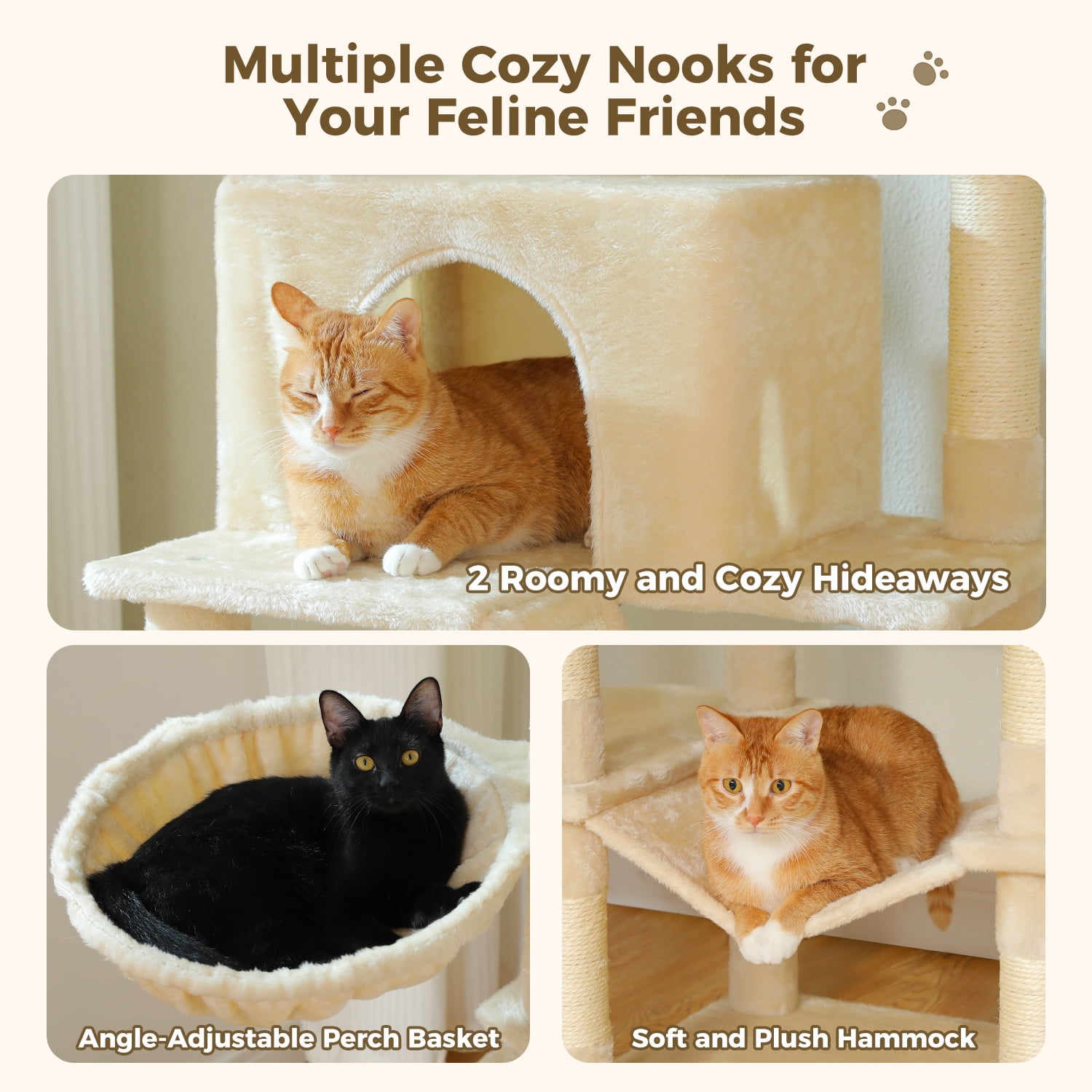 Pefilos 70.8" Tall Cat Tree for Adult Indoor Cats, 8-Levels Large Cat Tower with 8 Sisal Posts, 2 Hammocks, 2 Condos, Big Perch & 3 Pom Poms, Beige