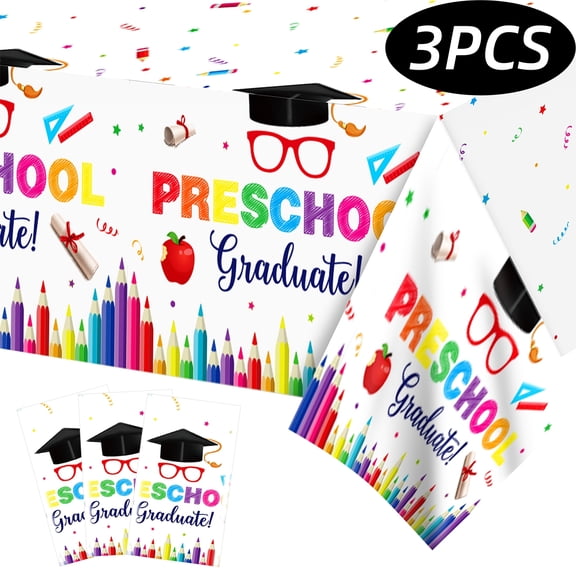 Preschool Graduate Tablecloths Plastic Kindergarten Graduation Table Cover Pre K Congrats Grad Table Cloths for Preschool Graduate Party Ceremony Decor Supplies White 51'' x 87''