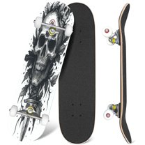 31'' Complete Skateboard 7 Layer Canadian Maple Double Kick Deck Skateboards Detailed graphic cool realistic black white human skull Skate Board for Beginner Adult Gifts