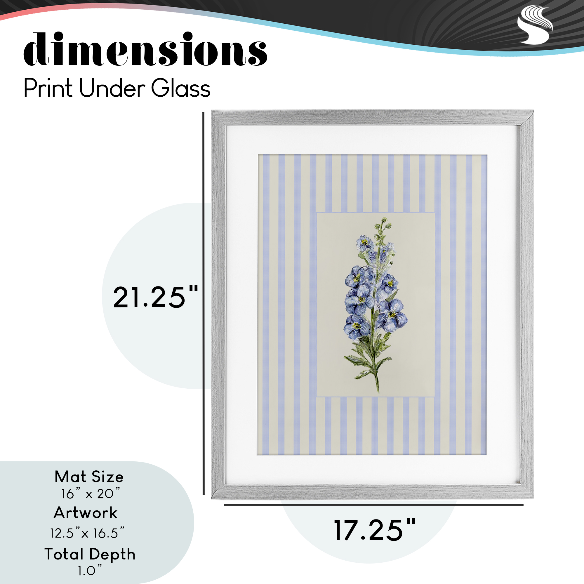 Blue Stripe Larkspur Gray Framed Print Under Glass, design by Lisa Wehmeyer