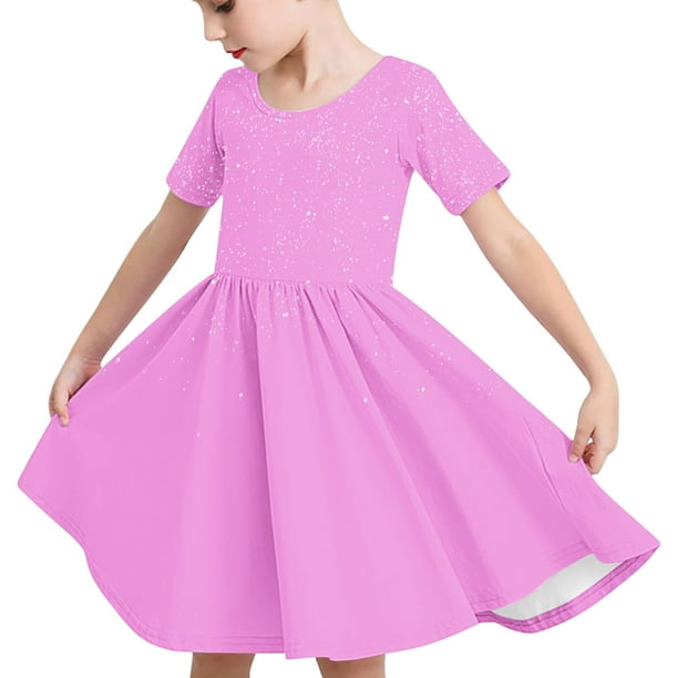 Odeerbi Niñas de Verano Vestido de Línea A Brillante Swing Vestido Niños Color Sólido Vestido Elástico de Manga Corta