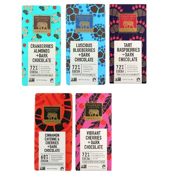 Endangered Species Mix of 5 delicious flavors. Berry lovers. 3 Oz each. Dark Chocolate.