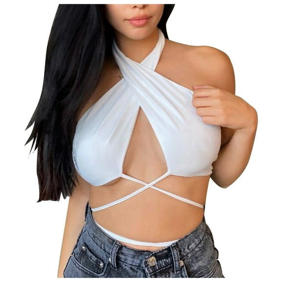Honeeladyy Sales Crisscross Cut Out Vest for Women Sexy Halter Wrap Bandage Self Tie Crop Tops Backless Sleeveless Summer Tank Tops White