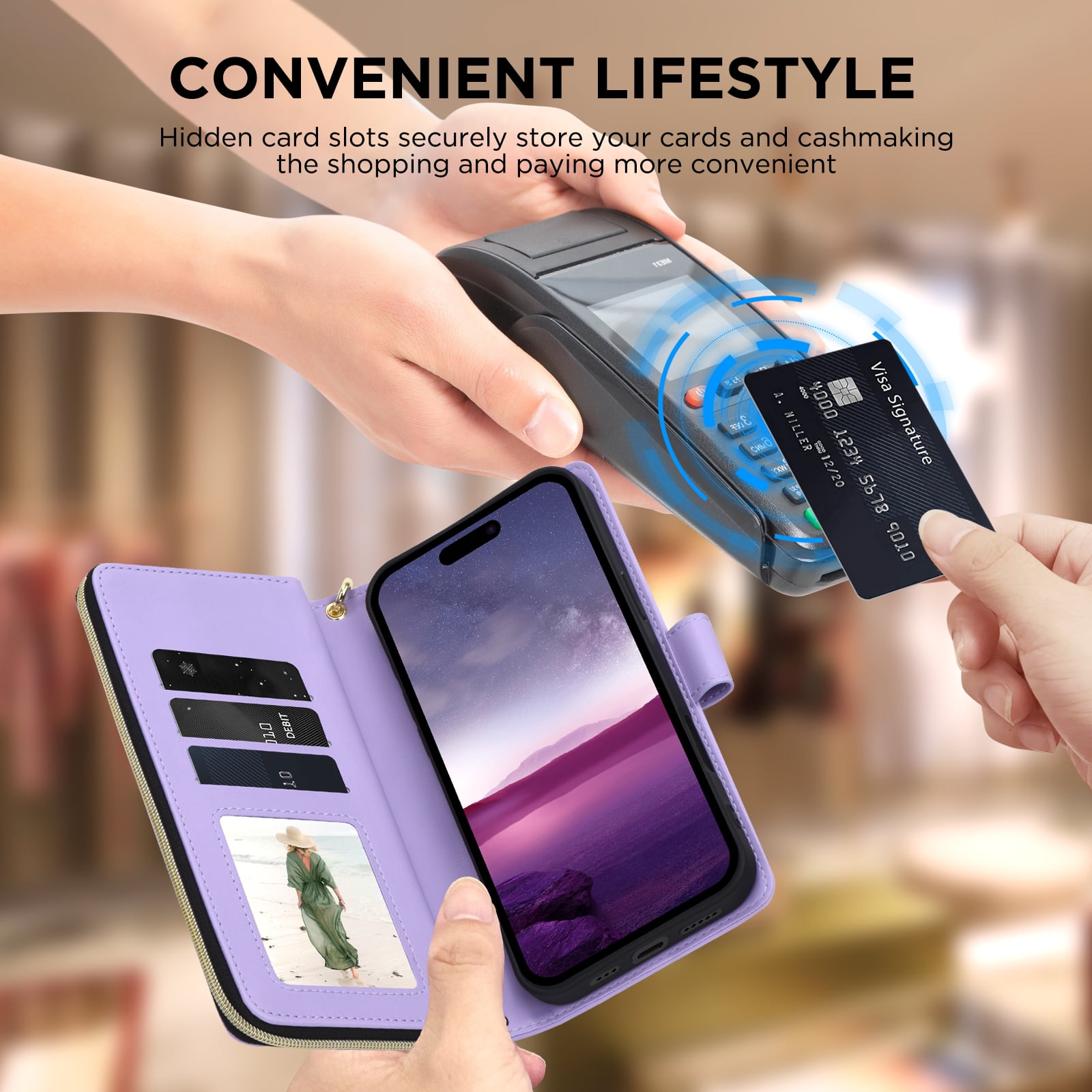 for iPhone 13 Pro Wallet Case, Multi-Functional Zipper Purse Case, with Flip Stand Card Holder PU Leather Phone Cover with Lanyard & Wrist Strap for iPhone 13 Pro, Purple