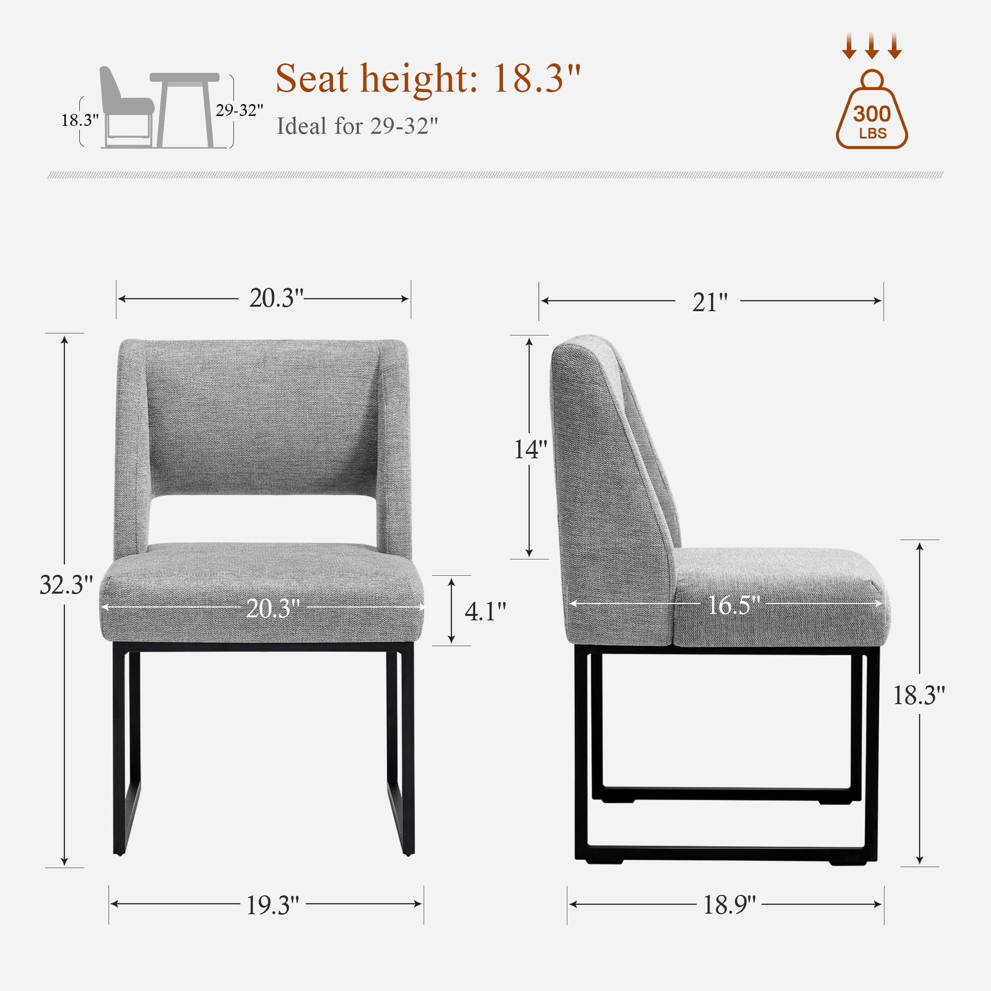 Zesthouse 18.3" Linen Dining Chairs Set of 2, Extra Thick Upholstered Side Chair with High Back and Metal Legs, Modern Armless Kitchen Chairs for Dining Room, Gray