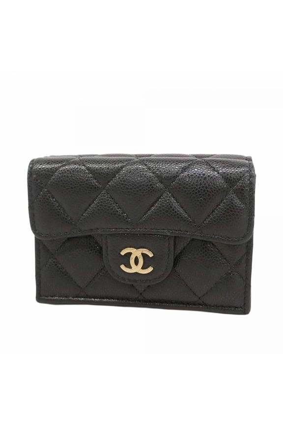 Pre-Owned Chanel Matelasse Tri-fold Wallet in Caviar Leather, Black and Champagne,... (Good)