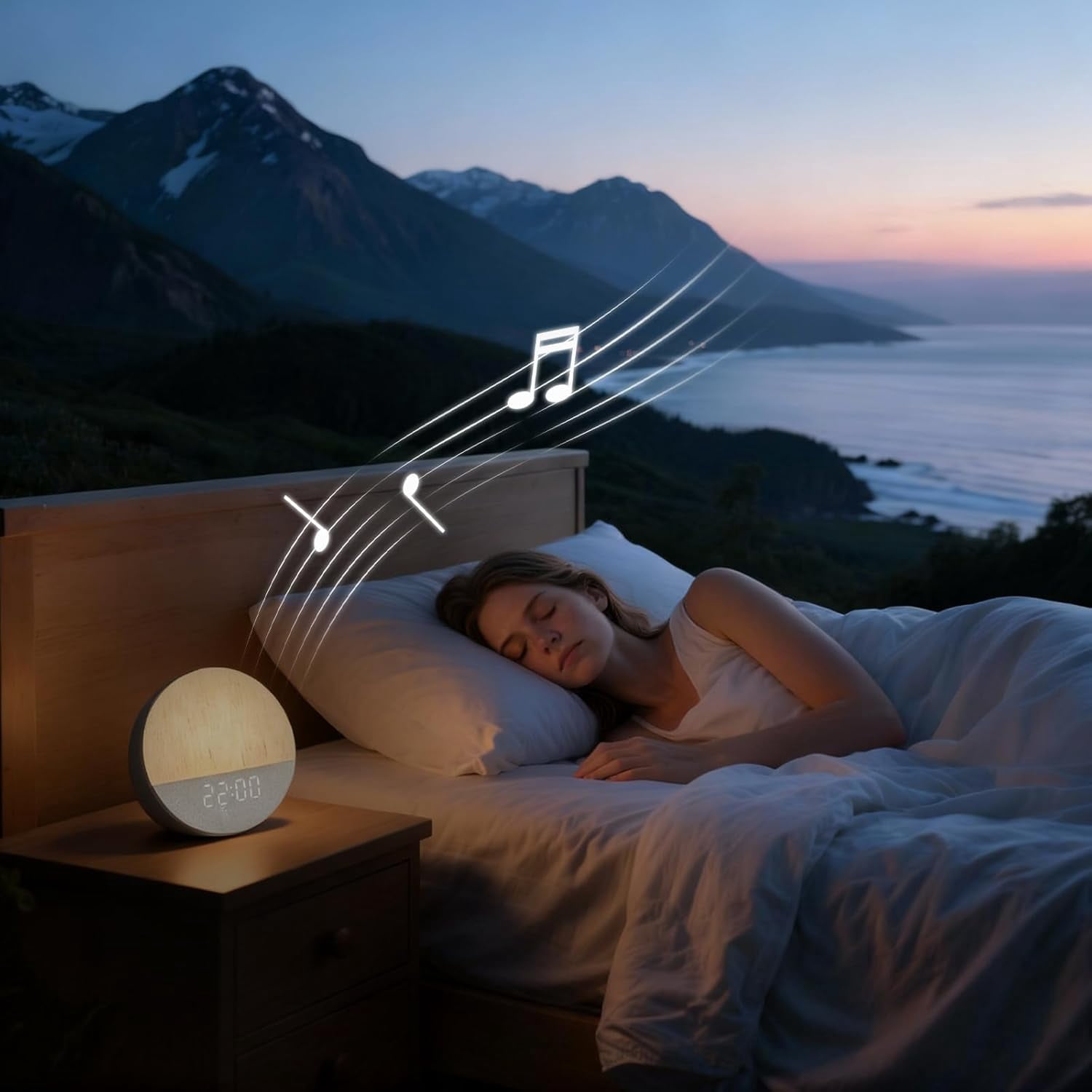 Clock Fabric Dimmable Night Light for Heavy Sleepers, Sunrise Wake Up Light, White Noise Machine for Baby, Dual Alarm Function 30 Sleep Sounds, with 17 Light Effects