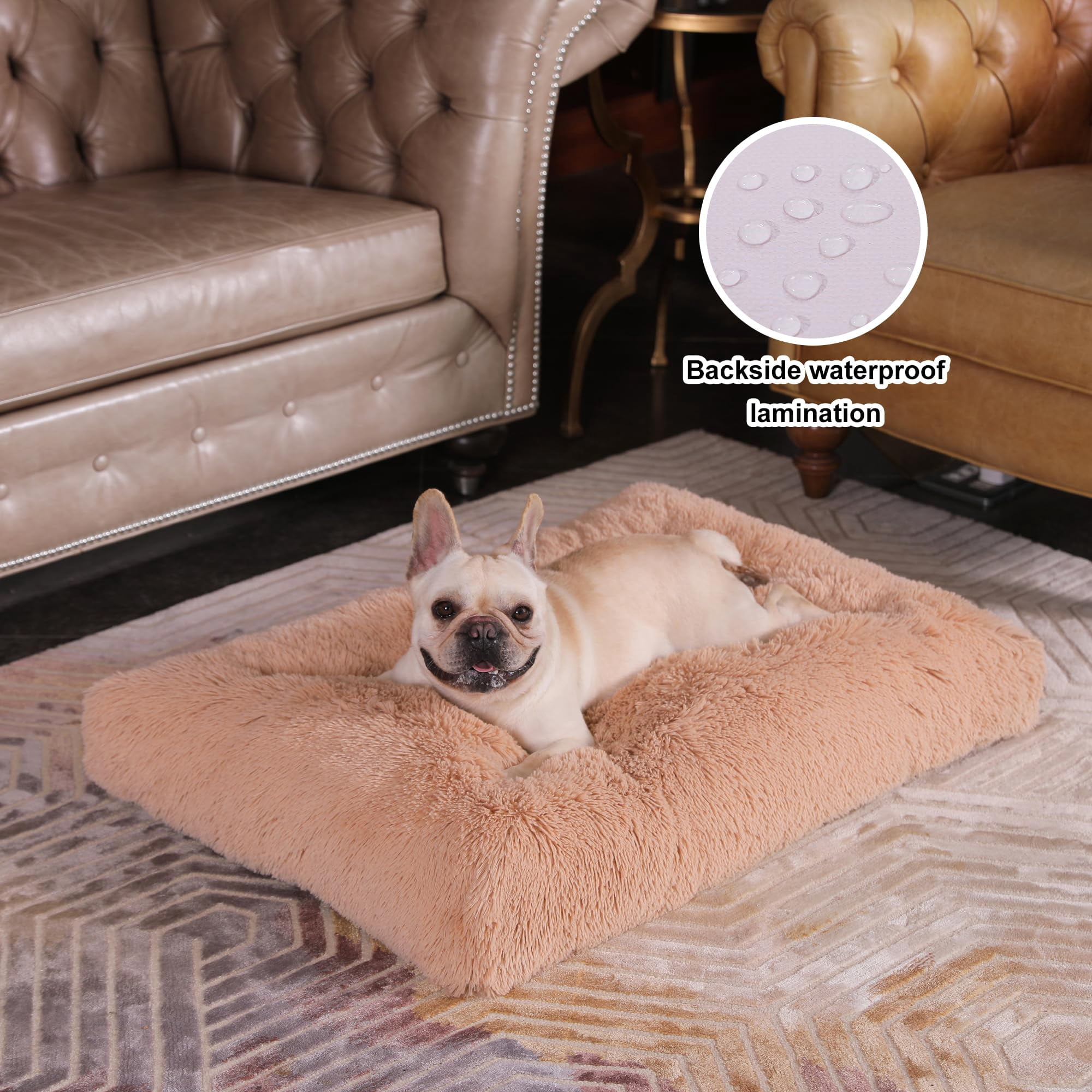 Plush Waterproof Dog Crate Bed  Removable Washable Cover Faux Pad For Medium Dogs 29"x21" Camel