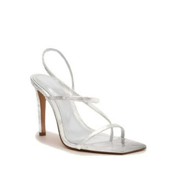 SCHUTZ Womens Silver Toe Loop Padded Goring Strappy Heloise High Square Toe Stiletto Buckle Leather Dress Heeled Sandal 8