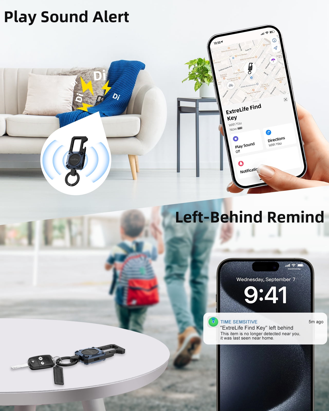 Extrelife Keychain Tracker, Men's Key Chain Words with Find My, Heavy Duty Keychain Carabiner Car Key Chains, Anti-Lost Tracker with Keyrings, Rechargeable & Waterproof