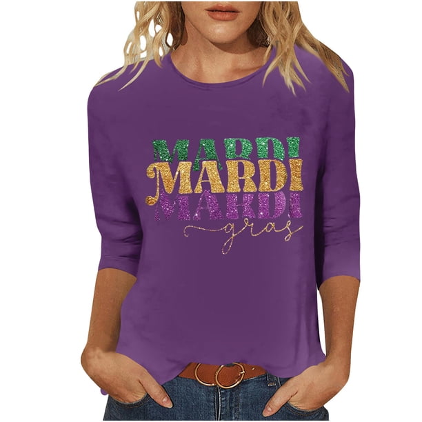 3/4 Manga Tops para las Mujeres Carnaval Impreso Cuello Redondo Blusa Casual, Cómoda Mezcla de Poliéster Spandex para el Hogar Y el Uso Diario