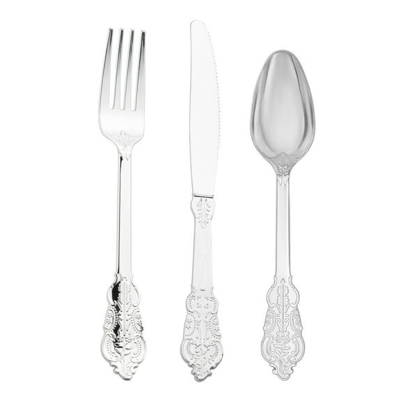 Smarty Shiny Metallic Silver Baroque Plastic Cutlery Set (600 Guests)