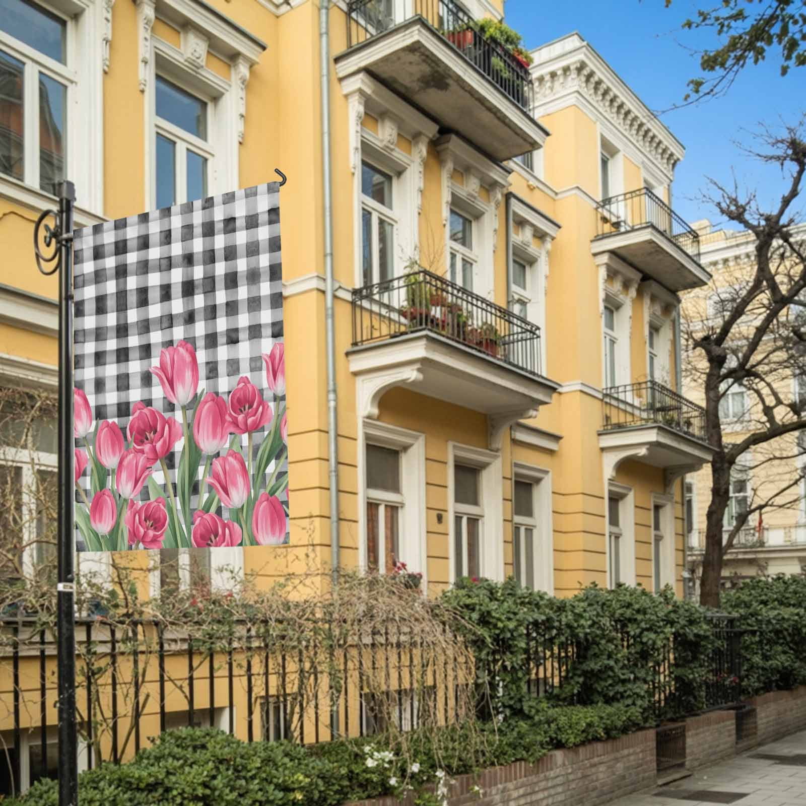 Pink Tulip Flower House Flags For Outdoor, Spring Floral Black White Plaid Green Leaf Small Double Side Yard Flags Weather Proof House Decor for Lawn Outside Holiday 28 x 40 Inches