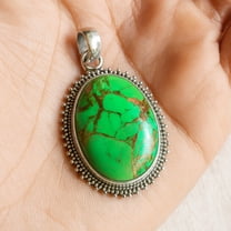 Green Copper Turquoise Pendant, 925 Sterling Silver, Boho Gemstone Jewelry for Women