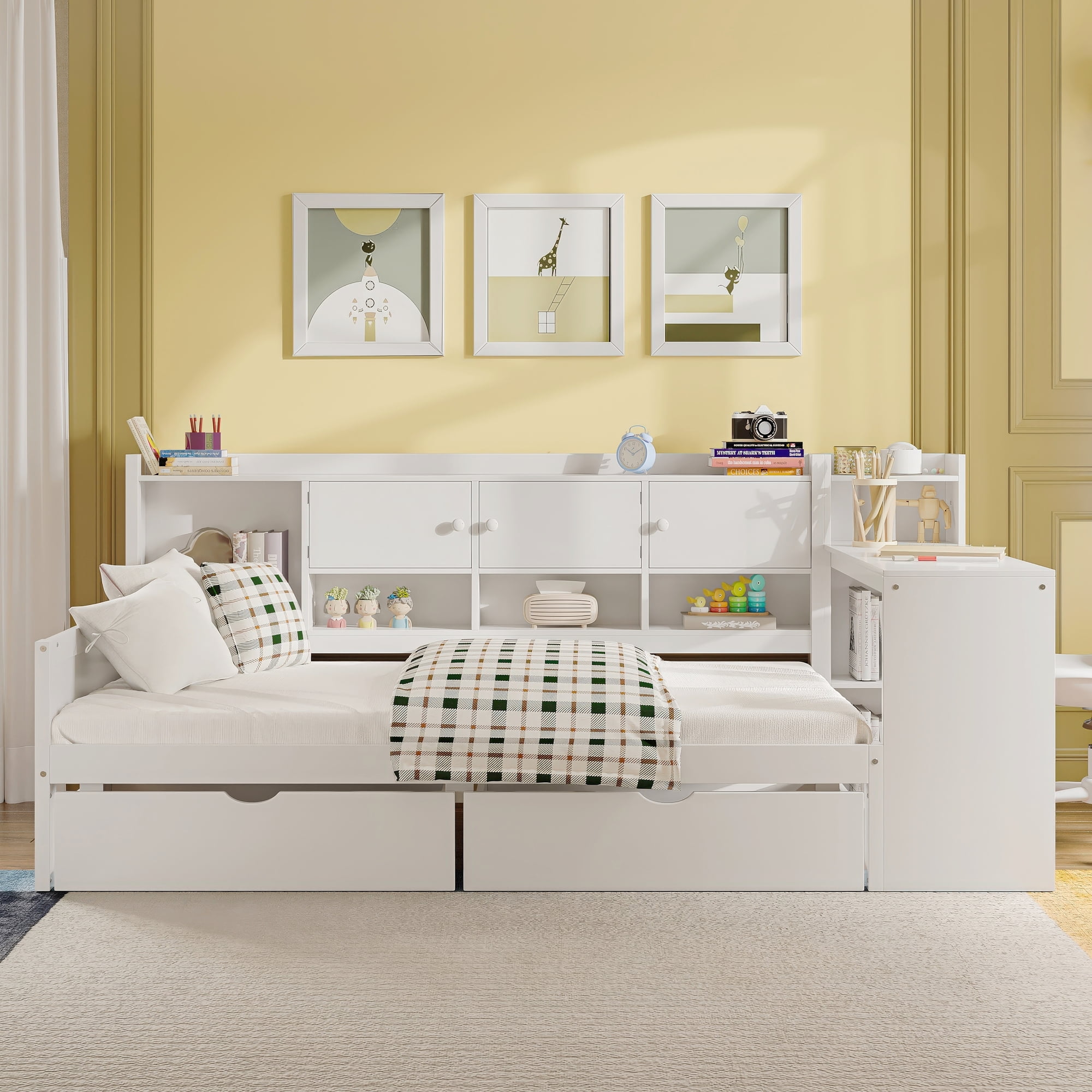 Euroco Wood Twin Size Storage Daybed with Cabinets and Drawers, Functional Bed with Desk and Shelves, White