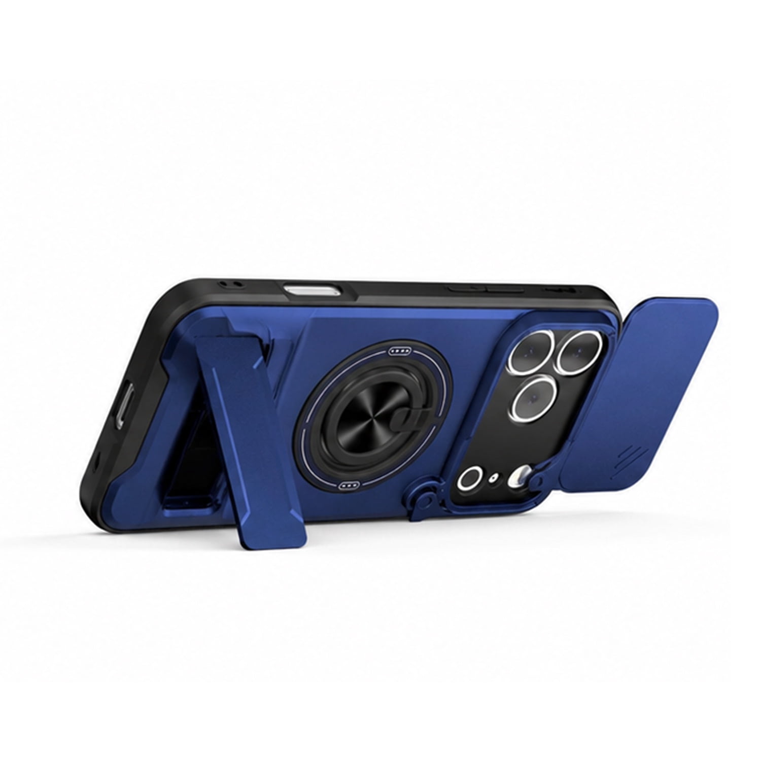 Magnetic Shockproof Slide Camera Lens Case with Ring Stand for iPhone 17 Pro Max - Blue