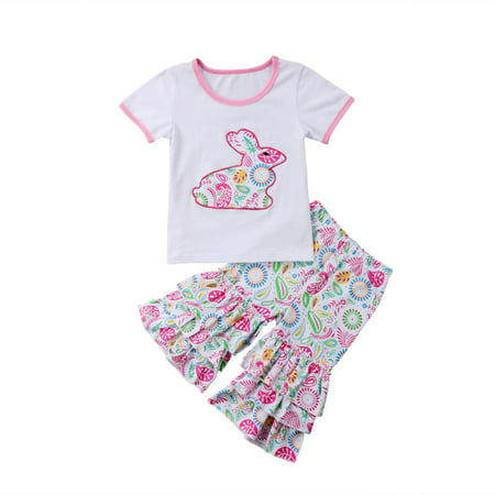Cute Toddler Kids Baby Girls Easter Outfits Clothes Short Sleeve T-shirt Tops +Ruffle Floral Pants 2PCS Sets