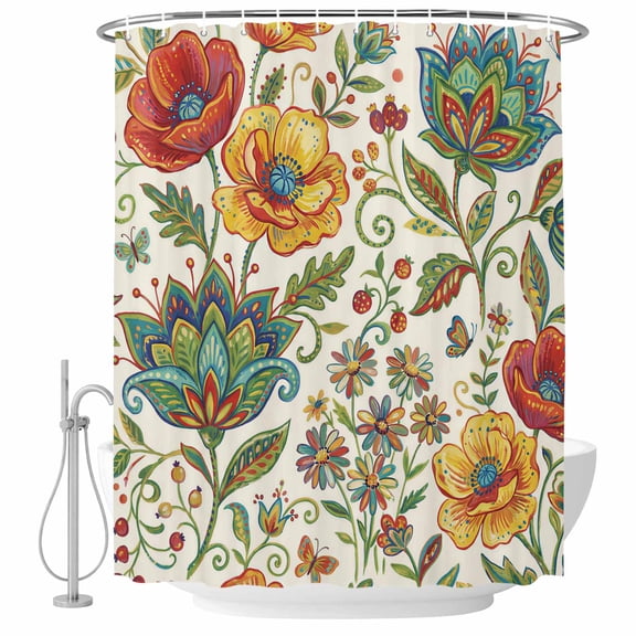 Extra Long Shower Curtain 72x96 Inch, Green Yellow Paisley Shower Curtain Waterproof Bathroom Decor, Vintage Boho Floral Botanical Fabric Bath Curtain Set Accessories with Hooks