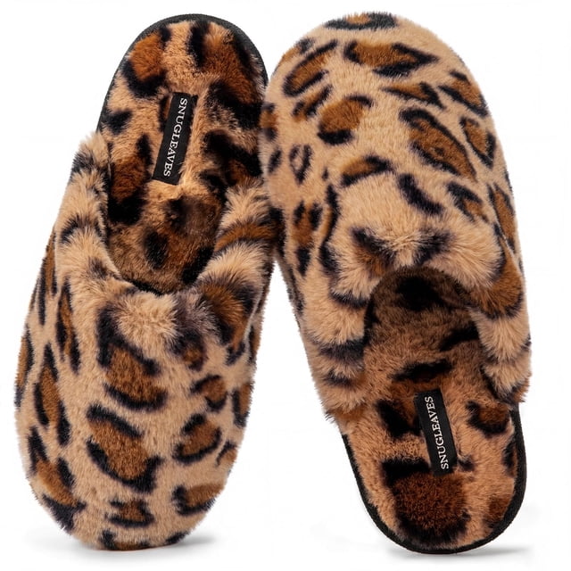 Pantuflas Snug Leaves con hojas y estampado de cheetah marrón, espuma viscoelástica, talla 5-6