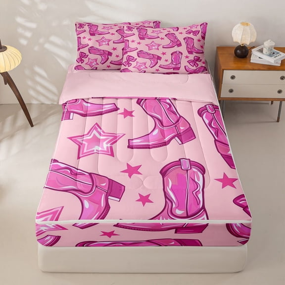 Homewish Kids Cowgirl Boot Zipper Twin Comforter Sets with Fitted Sheet and 2 Pillowcases, Cartoon Stars Print Zipper Bedding Set, Pink Reversible, 4-Piece