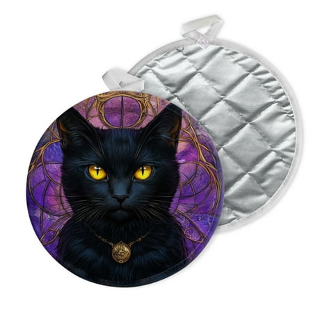 

2 PCS Pot Holders for Kitchen Potholders Sets with Hook for Oven Cooking Baking Black Cat With Yellow Eyes Of Stained Glass Style
