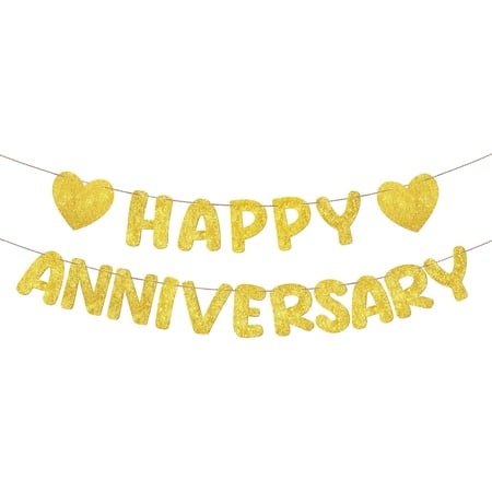 Happy Anniversary Banner Glitter Happy Anniversary Decorations Wedding Party Banner Romantic Decorations No DIY Pre-strung for Wedding Party Birthday Door(Gold)