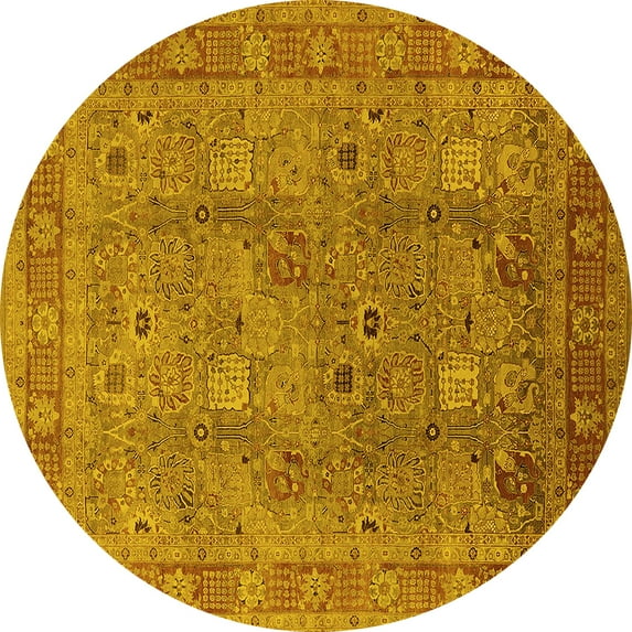 Ahgly Company Machine Washable Indoor Round Oriental Yellow Industrial Area Rugs, 4' Round