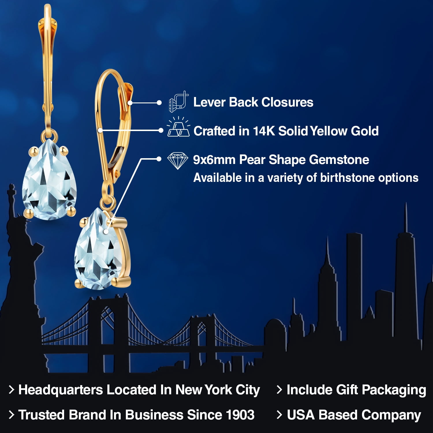 Gem Stone King 14K Yellow Gold Sky Blue Aquamarine Leverback Dangle Earrings for Women | 2.30 Cttw | Gemstone March Birthstone | Pear Shape 9X6MM