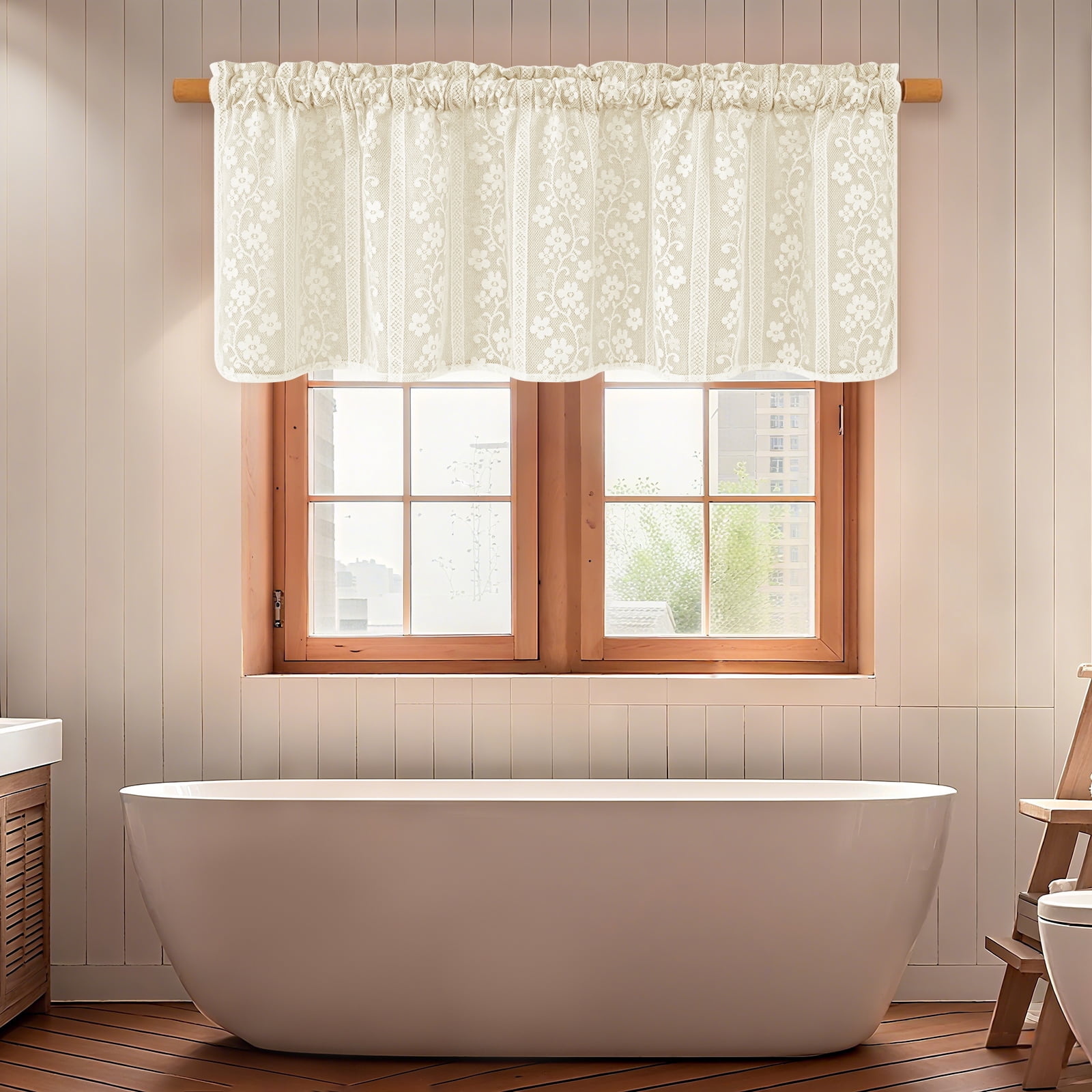 Alishomtll Beige Linen Lace Sheer Double Layer Light Filtering Valance Curtains , Rod Pocket,52 x 18 in