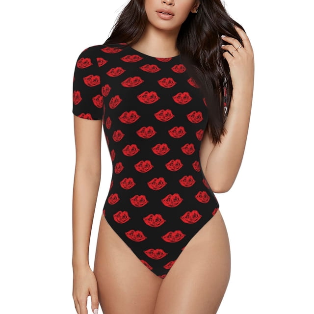 Saiise Pyjama à Manches Courtes Motif Lèvres Rouges pour Femmes, Col Rond, Justaucorps Extensible avec Fermeture à Pression-TG