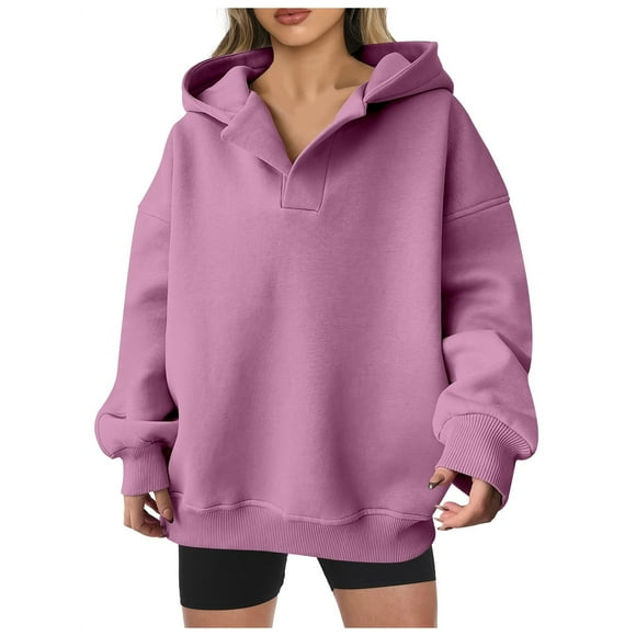 WILLBEST hoodies Women Fashion Solid V Neck Hooded Long Sleeve Casual Hoodie Loose Top earthbound hoodies