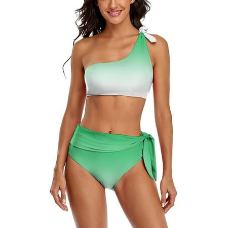 Sage Green And White Gradient One Shoulder Bowknot Swimsuit Two Piece Swimsuit Knot Crop Top Bikini High Waisted Bathing Suit