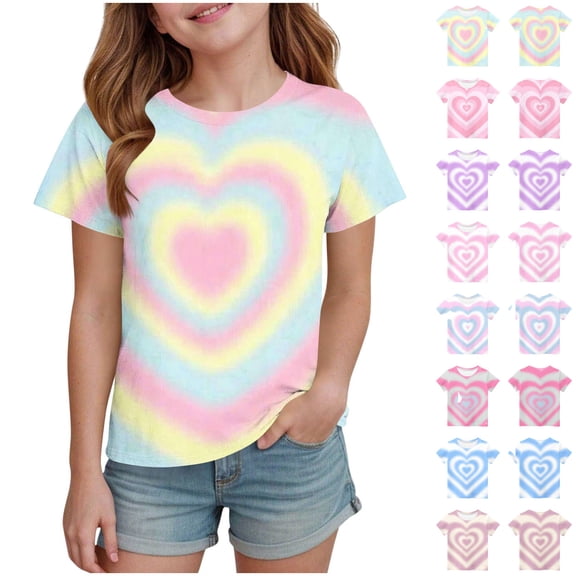 Agkizg Girls Graphic Tees,Kids Valentine's Day T-Shirt,Girls Valentine's Day Sleeve Print Top Heart Patterned Short Sleeve Round Neck Pullover Cute Holiday Themed Shirt for Girls 3-14 Years