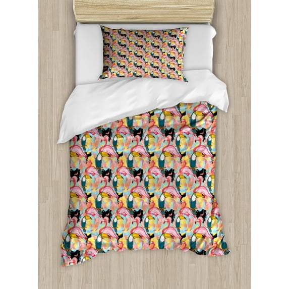 Tropical Duvet Cover Set Twin Size, Toucan Parrots and Pink Flamingos on an Background with Color Splashes, Decorative 2 Piece Bedding Set with 1 Pillow Sham, Multicolor, by Ambesonne