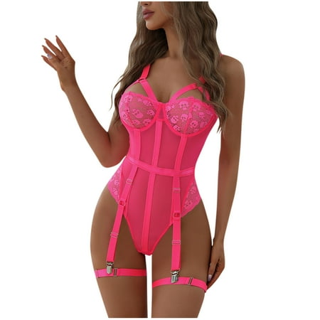 

Womens Sexy Lingerie Teddy Bodysuit with Garter Belt Lace Eyelash Strappy Babydoll One Piece Corset Underwear Outfits